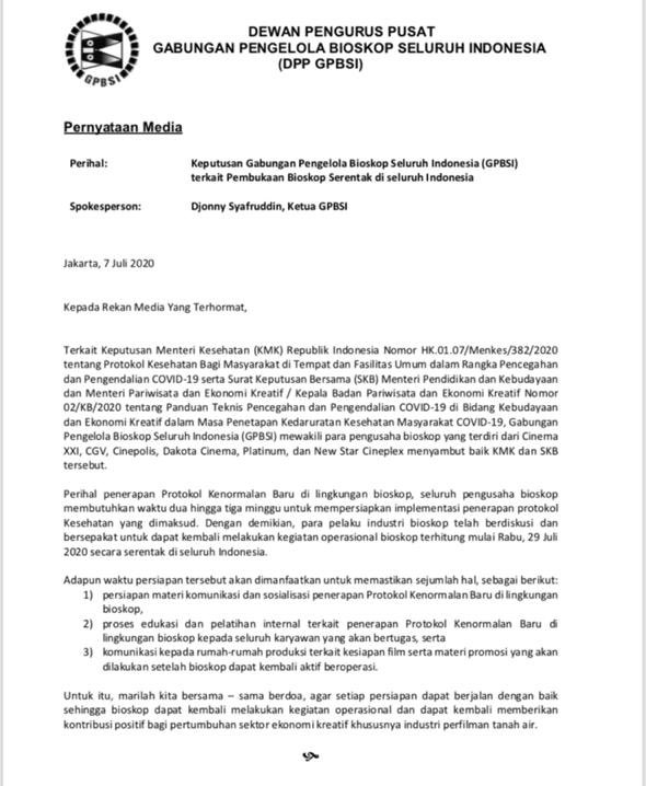 Surat edaran Gabungan Pengelola Bioskop Seluruh Indonesia