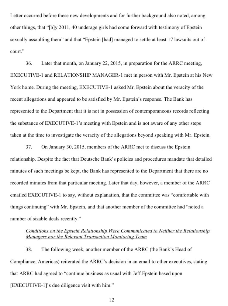 In 2014 and 2015, concerns within DB about Epstein grew to the point that the bank executive who had originally approved the Epstein relationship visited his client at his upper east side mansion to ask what truth there was to the allegations. But that put an end to it.