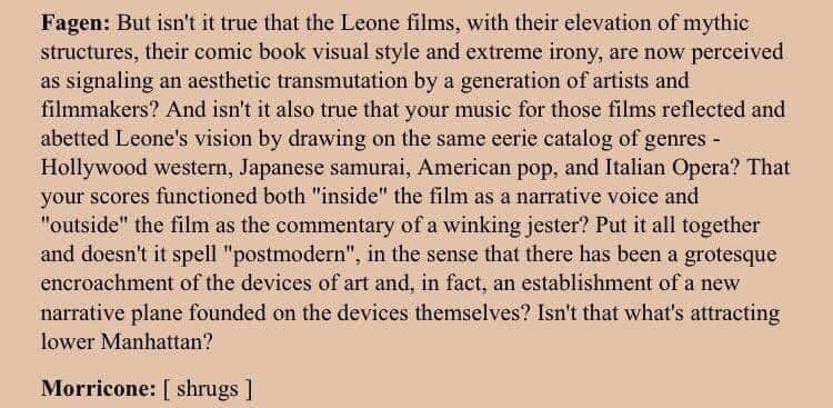 JosephStash's tweet photo. Absolutely dead @ Ennio Morricone’s response to this guy smashing a bunch of critical theory words together: https://t.co/KCAXPHcpdZ