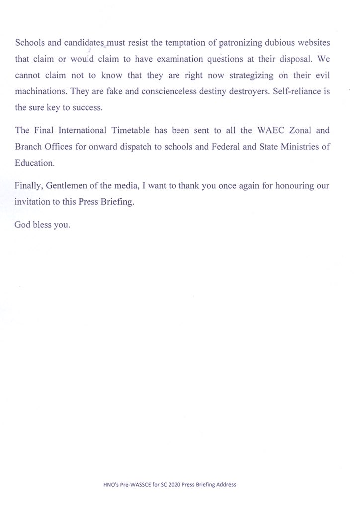 Today, the Head of the Nigeria 🇳🇬 National Office of WAEC, Mr. Patrick Areghan addressed a Press Conference on the conduct of the WASSCE for School Candidates, 2020. Attached is his address. #Timetable #WAEC #WASSCESC2020 <a href="/IamKingDemian/">Demianus Ojijeogu</a>