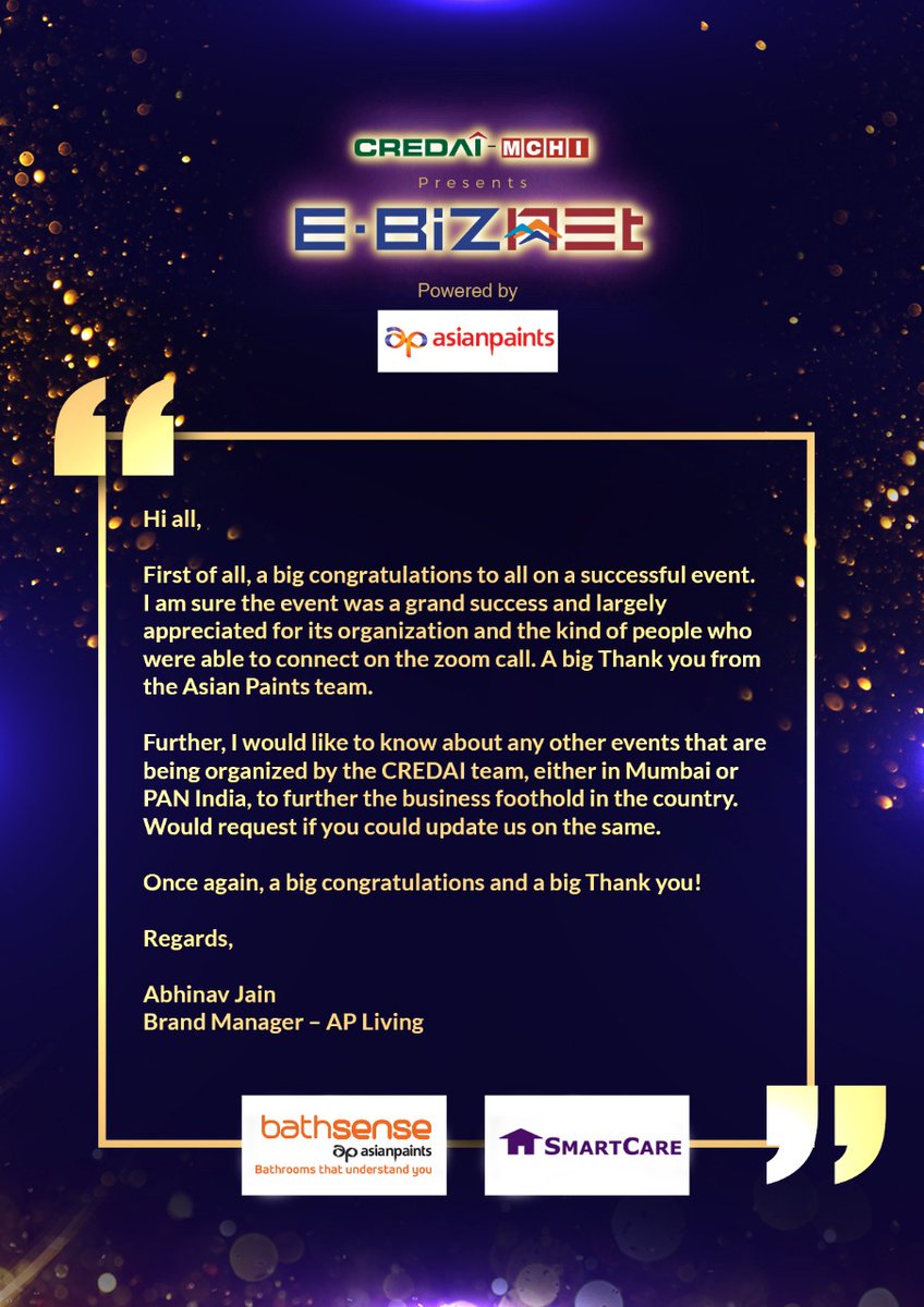 MCHI_President's tweet photo. Thank you for Trusting us @asianpaints

#CREDAIMCHI #EBIZNET #realestate #Asianpaints #BathsenseByAsianPaints #bathsensemakessense
#bathroomdesign #bathroomdecor #bathroominspo #BathroomGoals #Credaimchi #events #mumbai #realestate #realty #CREDAI #RawMaterial https://t.co/tZ4IHfRX4f