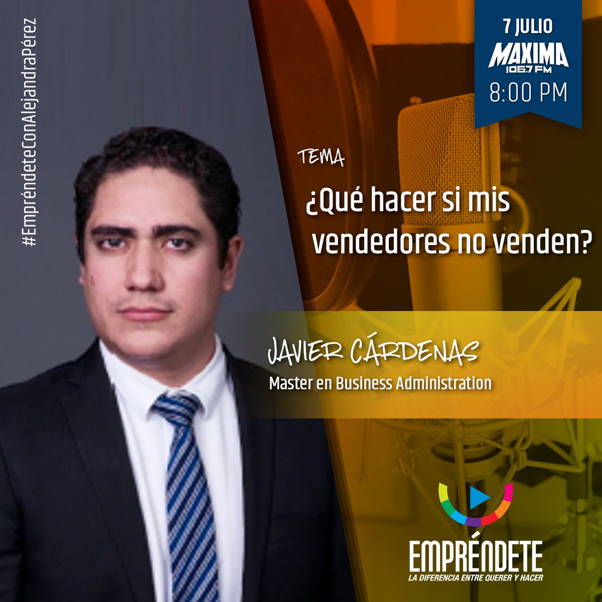 AleEmprendete's tweet photo. ¿Cuál es el principal desafío que tienen en las #ventas de tu empresa? 📊Hoy tenemos en cabina a @cardenasrendon  de #ProfitUp  para hablar de ¿Qué hacer si mis vendedores no venden?
¡#Empréndete! Hoy martes a las 8pm en @MAXIMA1067FM, ¡Fortaleciendo a las #pymes de México! 🎙️ https://t.co/wMohyGQRxI