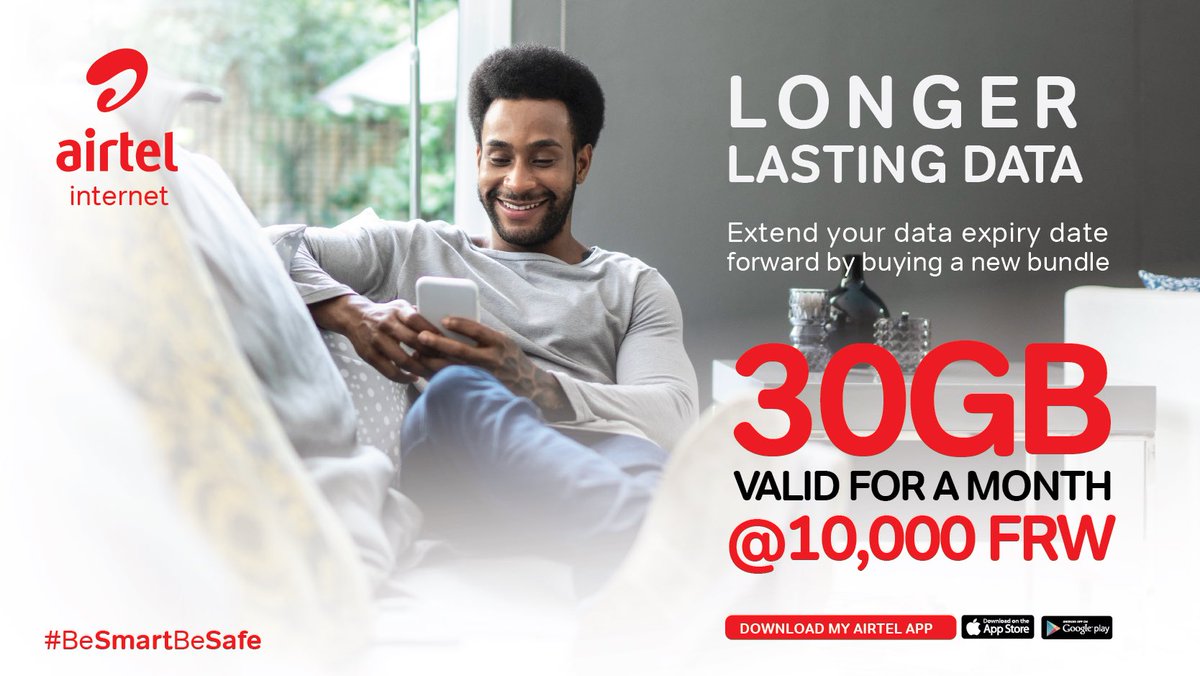 airtelrw's tweet photo. Is your bundle about to expire and you still have some GBs left? Buy another bundle and continue to enjoy your old GBs in the new month! Dial *255*2# or use My Airtel App. Available here https://t.co/A8Ydo4fI1f

#BeSmartBeSafe #MukaziKose https://t.co/K8hzeKW61R