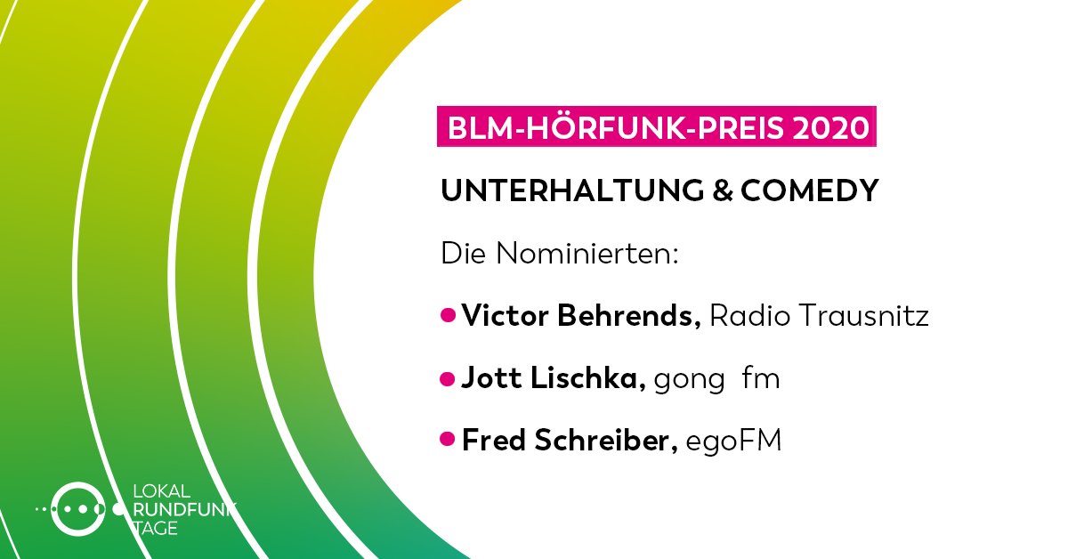 Lokalfunktage's tweet photo. Wer bringt die Hörer zum Lachen? Jott Lischka (@gongfm), Victor Behrends (@radiotrausnitz) und Fred Schreiber (@egoFM) sind die Nominierten in der Kategorie „Hörfunk – Unterhaltung und Comedy“! Da bleibt kein Auge trocken. Wir gratulieren zur Nominierung! #LRFT20 https://t.co/84YiwiLzOf