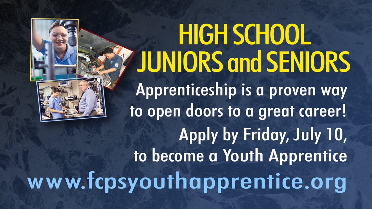 FCPSYAP's tweet photo. Juniors and seniors can “Earn while they Learn” this summer! An ideal apprentice is a student who wants to gain experience in the workplace with plans to continue in that industry after graduation!  Applications due 7/10. https://t.co/mHpiI7MDM7 https://t.co/vDCpvlG2NG