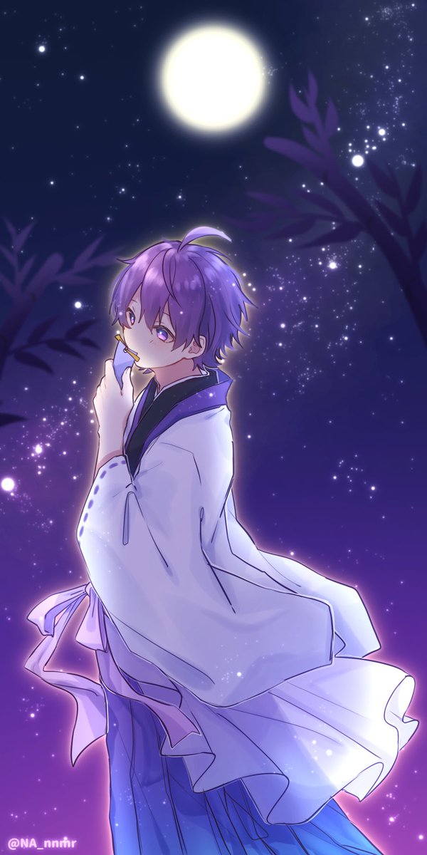 1boy purple hair male focus purple eyes japanese clothes moon solo  illustration images