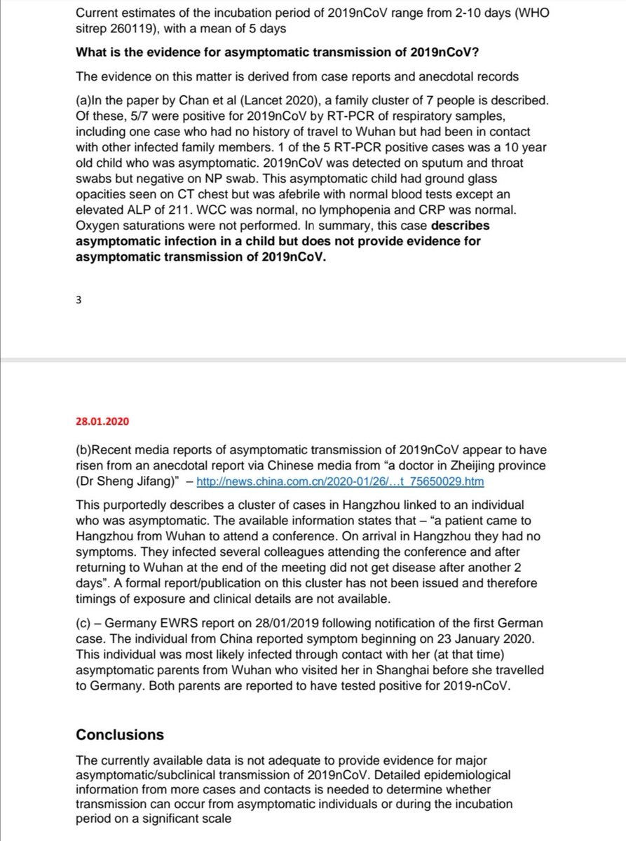 5). On 28 January, the govt published a paper on asymptomatic spread.On the same day SAGE said "asymptomatic transmission cannot be ruled out."On 26 Feb,  @Dr_PhilippaW asked Hancock about asymptomatic spread.On 6 March, WHO said "80% of infections are mild or asymptomatic."