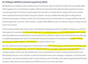 5). On 28 January, the govt published a paper on asymptomatic spread.On the same day SAGE said "asymptomatic transmission cannot be ruled out."On 26 Feb,  @Dr_PhilippaW asked Hancock about asymptomatic spread.On 6 March, WHO said "80% of infections are mild or asymptomatic."