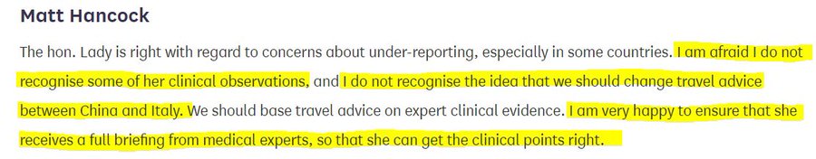 5). On 28 January, the govt published a paper on asymptomatic spread.On the same day SAGE said "asymptomatic transmission cannot be ruled out."On 26 Feb,  @Dr_PhilippaW asked Hancock about asymptomatic spread.On 6 March, WHO said "80% of infections are mild or asymptomatic."