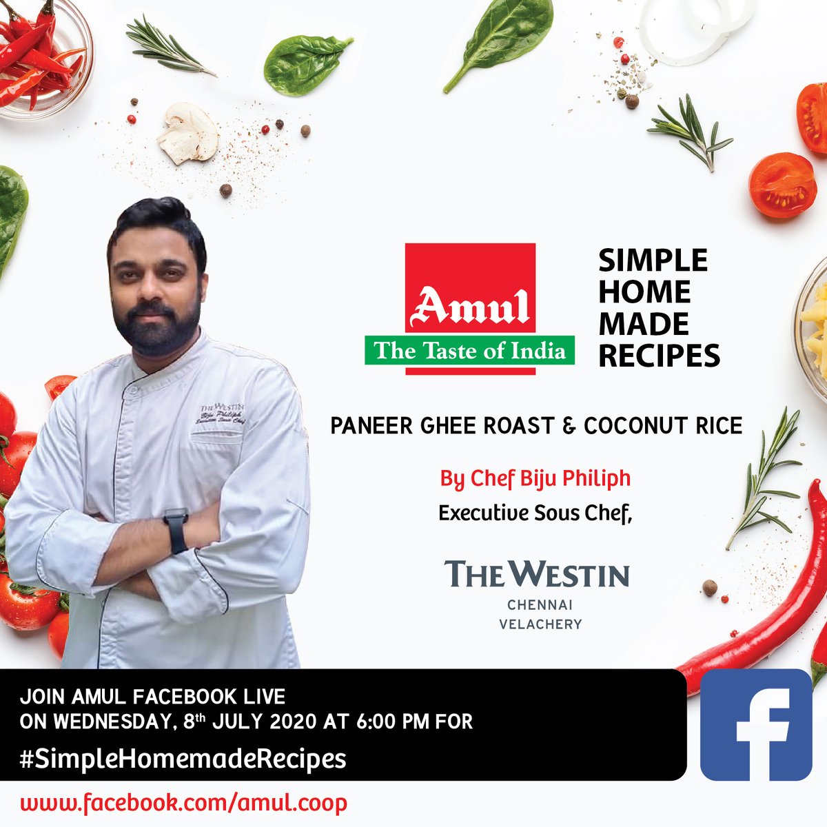 Amul_Coop's tweet photo. Join #Amul Facebook Live at 6 pm on 8th July 2020 for #SimpleHomemadeRecipes by Chef Biju Philiph, Executive Sous Chef, The Westin Chennai Velachery
#Chef Biju will show to make Paneer Ghee Roast & Coconut Rice
https://t.co/ubzm0KMNAo
#MastersofMarriott https://t.co/CkLi1Dic68