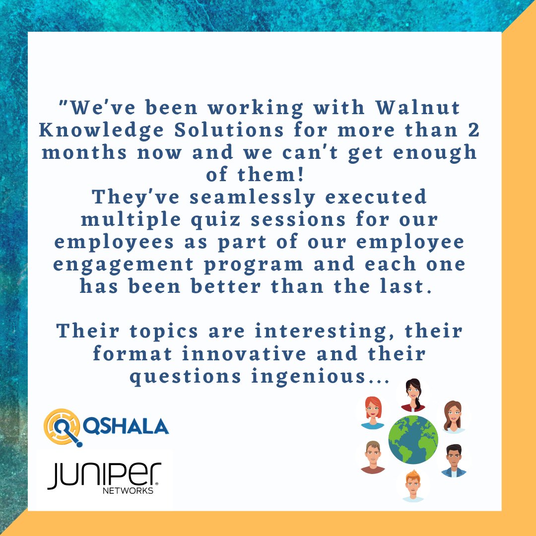 askwalnut's tweet photo. We recently conducted a quiz for Juniper Networks and here's what they had to say about it! If you want us to conduct a quiz for your organization contact us at https://t.co/zRR6LuXjRS for more details!
#testimonialtuesday #edtech https://t.co/kUf2KqpGvA