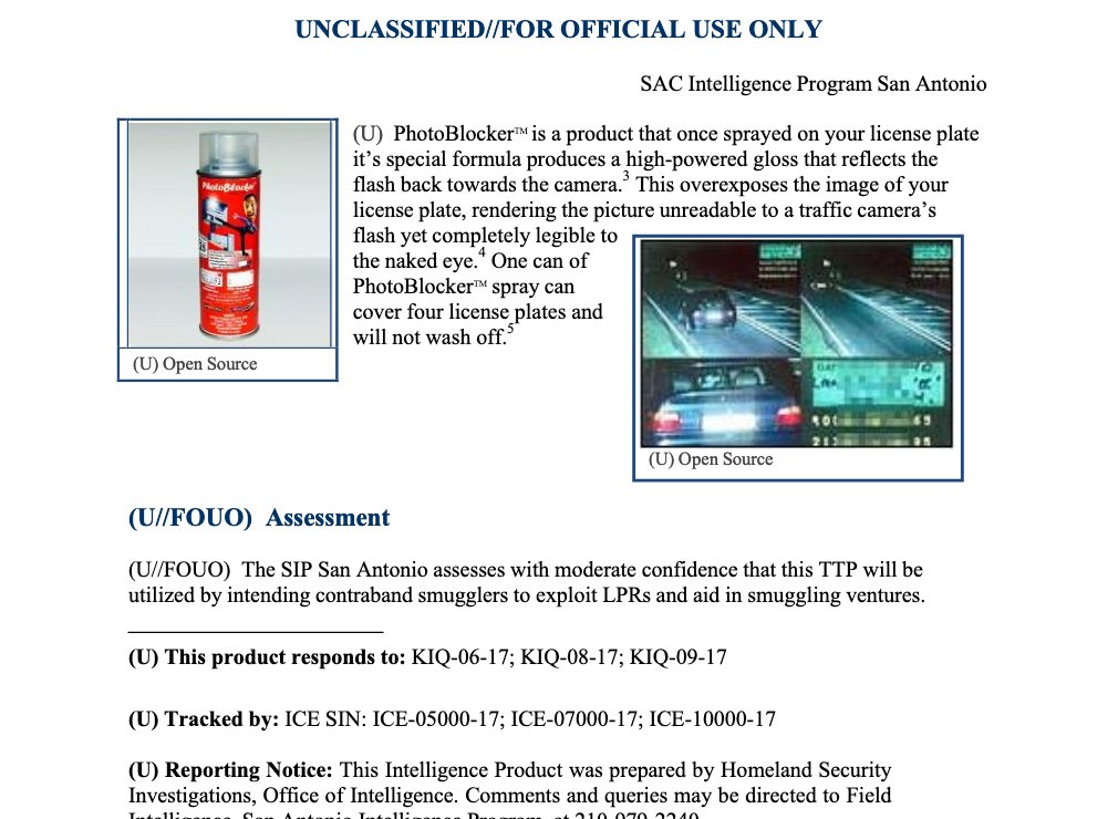 Slowly digging through  #BlueLeaks and keep finding gems like Homeland Security warning police of low-tech ways "smugglers" can defeat automated license plate readers (ALPRs)