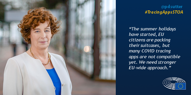 EP_ScienceTech's tweet photo. “The summer holidays have started, EU citizens are packing their suitcases, but many #COVID19 #contacttracing apps are not compatible yet. We need stronger EU-wide approach.” @pdsutter #TracingAppsSTOA https://t.co/dr4l0mVrGs