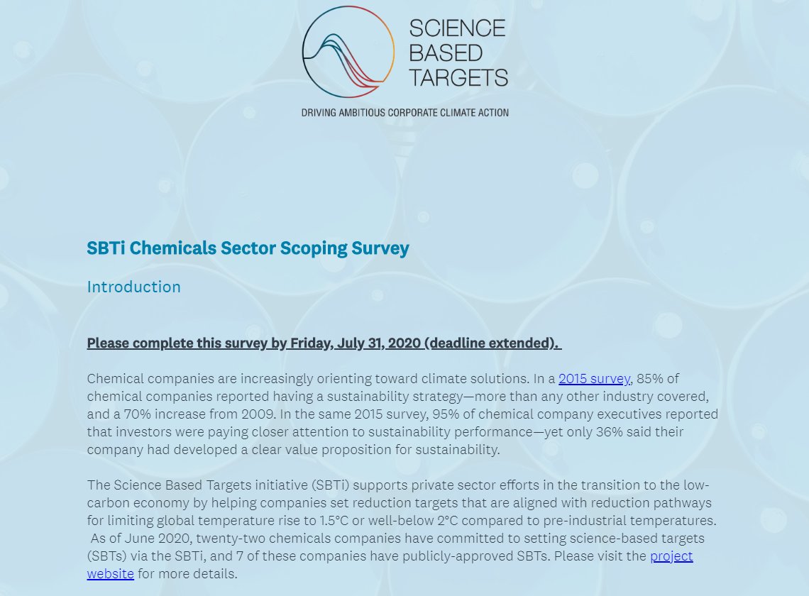 NateAden's tweet photo. Do you have ideas on how the chemicals sector can best align with low-carbon transformation? The Science Based Targets initiative survey (~30 questions) is open through this month and would welcome your input: https://t.co/QMHu6OHIQ4
#ScienceBasedTargets #chemicals #Climate https://t.co/pxfgXxcFs7