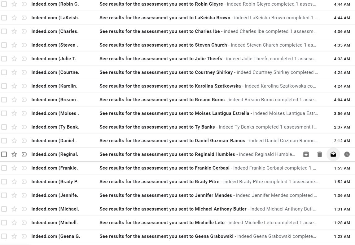 OCommunications's tweet photo. @IndeedSupport @indeed
This is just a screenshot of what could be fit on the screen from last night. These emails add no value as we still need to review the whole application. At that point, they either did or didn't do the assessment. + we don't have a choice not to receive them! https://t.co/JV5j1zZDqT