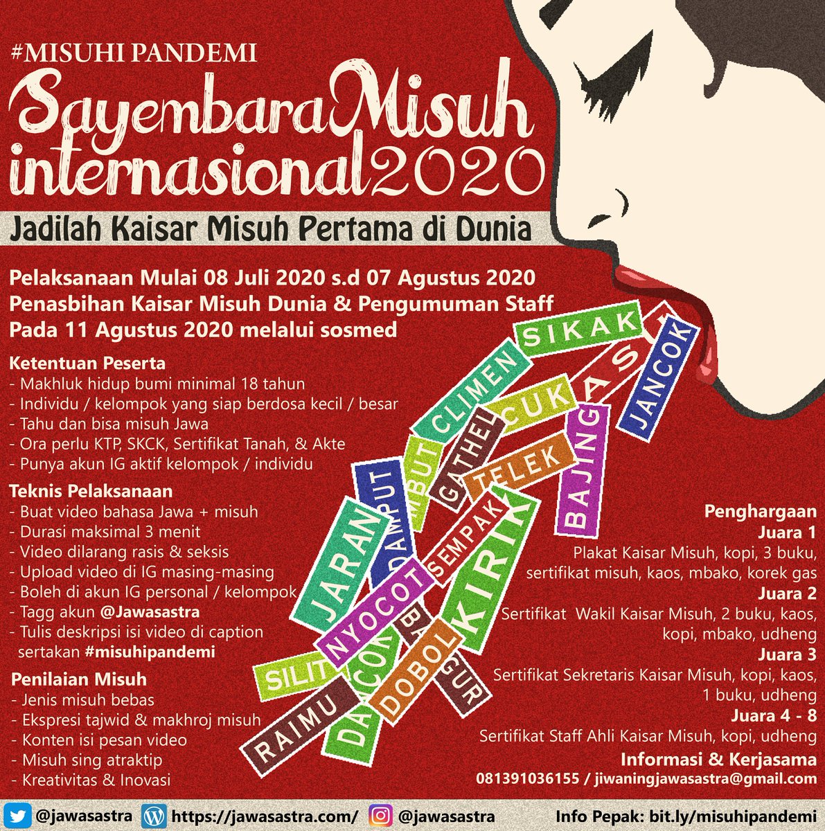jawasastra's tweet photo. Keterangan luwih lengkap ttg Sayembara Misuh bisa diwaca neng poster ngisor iki lur. Utawa nek pengin luwih penak macane bisa klik link https://t.co/AbZ9a6BKwW

Hadiahe sepurane ora sepira, nanging kuwi kabeh wujud sedulurane awak dhewe. Tak enteni pisuhanmu sing suci tur murni. https://t.co/WJLfjZ1Jbz