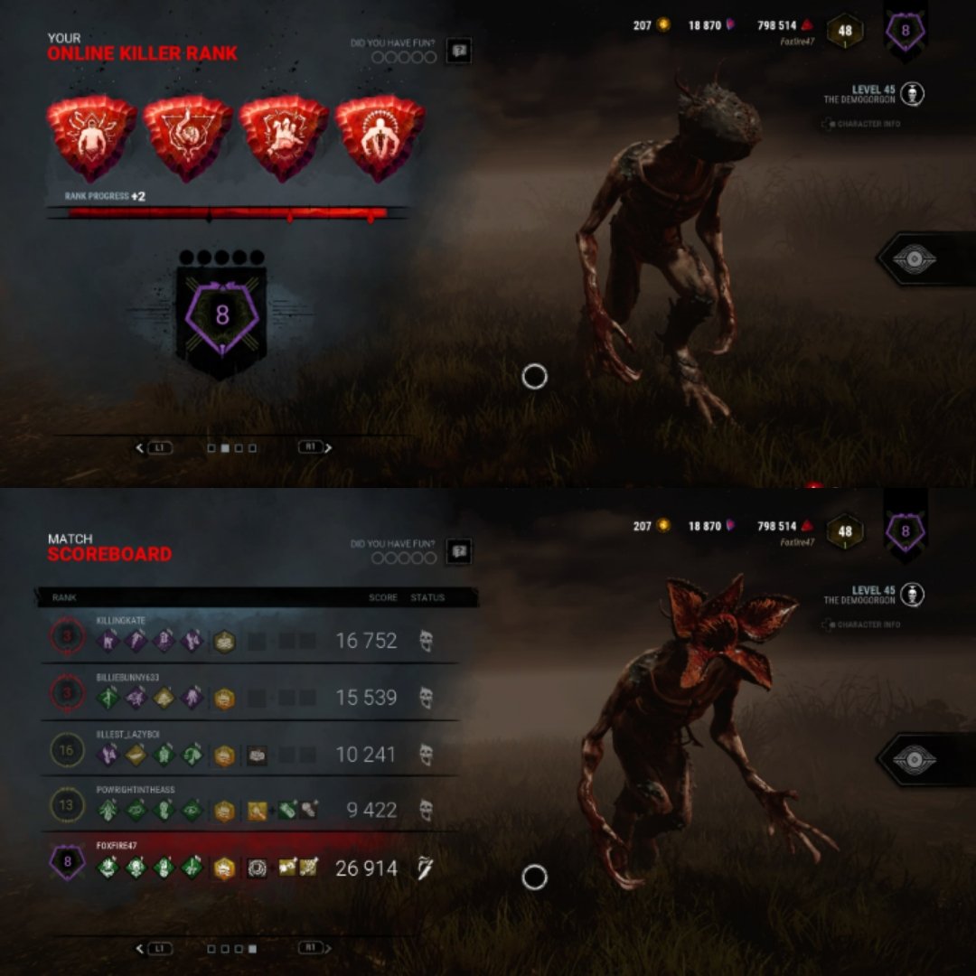 Foxinaboxfire47's tweet photo. After actually dedicating myself to getting better at being killer, I have reached rank 8 with the help of the Demogorgon 💖
I'm so happy but I know I'm going to have to work my butt off to reach red ranks! 
#deadbydaylight #demogorgon #rank8killer #purplerank #roadtoredranks https://t.co/gC83zbyTa2