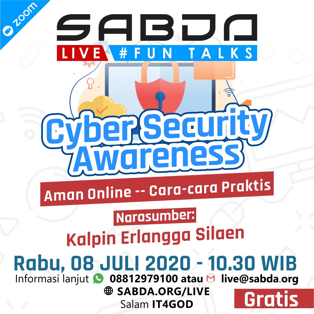 sabdawanita's tweet photo. Jngn lewatkn sesi SABDA Live besok ya. Brsama narasumber kita, Pak Kalpin Erlangga Silaen, kita akn mmbahas ttg "Cyber Security Awareness: Aman Online -- Cara-Cara Praktis". 
#SABDALIVE
#FUNTALKS
#zoominar
#livestreaming
#cybersecurity
#amanonline
#dirumahaja
#SABDA
#YLSA
#IT4God https://t.co/sN93XGwet8
