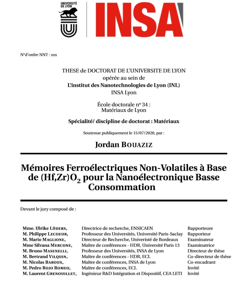 3eFerro's tweet photo. PHD Defense ; Jordan Bouaziz ; "Ferroelectric properties of sputtered (Hf,Zr)O2 thin films" ; Institut des Nanotechnologies de Lyon ; July 15th #3eFERRO #Nanoelectronics #INSALyon https://t.co/mGBhCRCEw4