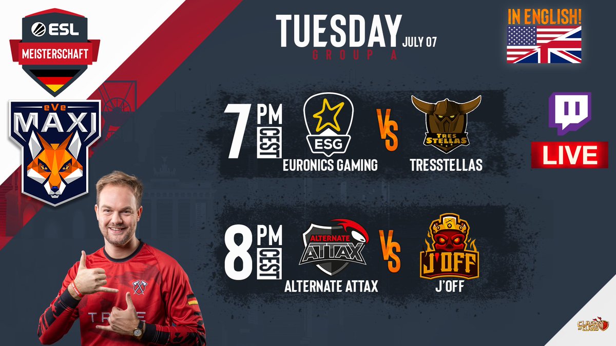 eVe MAXI (@evemaxi1) on Twitter photo โฐ7 pm CEST in English ๐ฌ๐ง! ๐ฅ๐ฅ๐ฅ
<a href="/ESLGermany/">ESL Germany</a> Championship Day 7:
โ๏ธ<a href="/EuronicsGaming/">Loading...</a> vs. <a href="/TresStellasCoC/">tresstellas</a> โ๏ธ
โ๏ธ<a href="/ATNattax_coc/">Angel</a> vs. @JOFF_Clan โ๏ธ
Top Matches for the top spot in Group A! ๐ฅณ๐ฅณ๐ฅณ
Tune in at twitch.tv/eve_maxi! โค๏ธ
๐ฆ๐ฆ๐ฆ โฐ7 pm CEST in English ๐ฌ๐ง! ๐ฅ๐ฅ๐ฅ
<a href="/ESLGermany/">ESL Germany</a> Championship Day 7:
โ๏ธ<a href="/EuronicsGaming/">Loading...</a> vs. <a href="/TresStellasCoC/">tresstellas</a> โ๏ธ
โ๏ธ<a href="/ATNattax_coc/">Angel</a> vs. @JOFF_Clan โ๏ธ
Top Matches for the top spot in Group A! ๐ฅณ๐ฅณ๐ฅณ
Tune in at twitch.tv/eve_maxi! โค๏ธ
๐ฆ๐ฆ๐ฆ