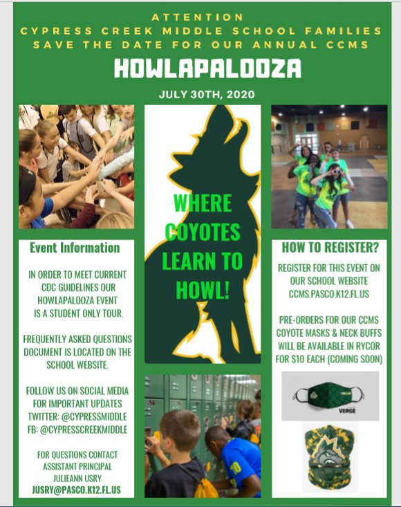 CypressMiddle's tweet photo. Attention Cypress Creek Middle School Families!
Save the date for our annual CCMS Howlapalooza! https://t.co/w8AjosCDfj