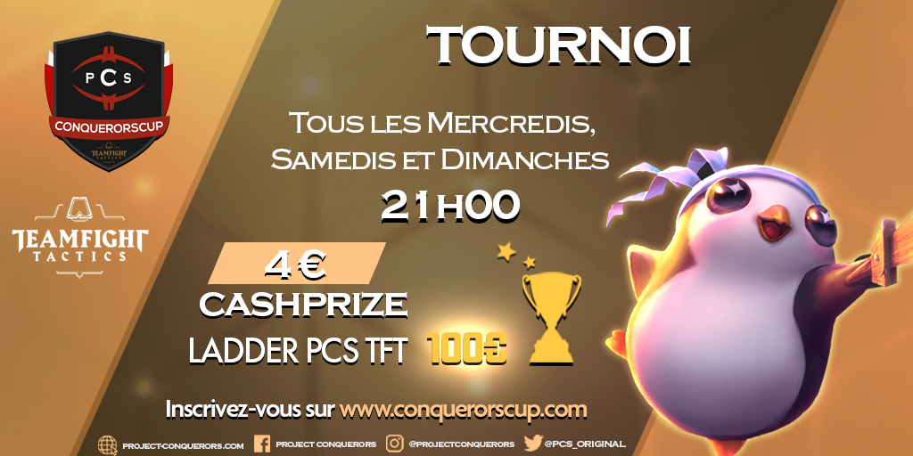 📢#Tournois
Bonjour bonjour !

Qui sera sur le PODIUM au MOIS de JUILLET ? 🧐

⏰Demain soir, samedi et dimanche 21h #tournoi tft 
🎁4€ à gagner + #LADDERPCS 100€
🖱️conquerorscup.com (#TFT, LOL,#LoR, #VALORANT, #RL,...)
 
<a href="/RT4FRENCH/">FrenchRT</a>