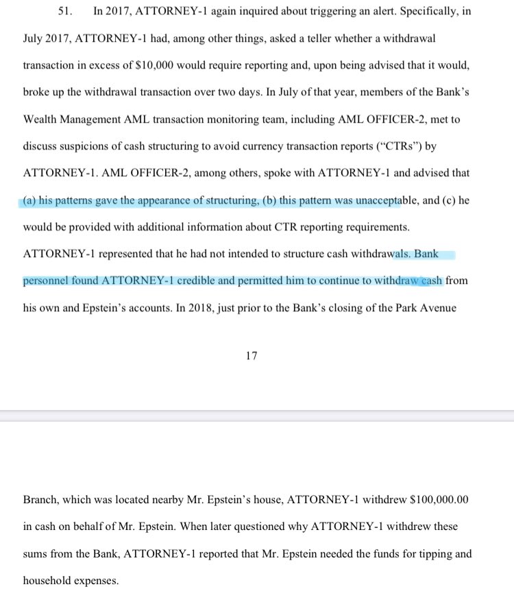 “Your cash withdrawal patterns on behalf of Epstein appear structured to avoid reporting mechanisms we use to detect money laundering. This is unacceptable. What do you have to say for yourself?”“Oh sir! I didn’t intend to—““Okay I believe you! Would you like some more cash?”