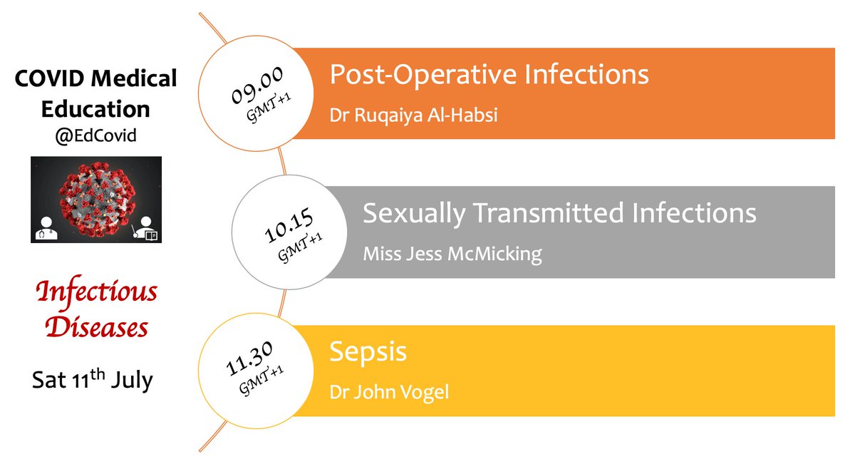 EdCovid's tweet photo. *WE'RE BACK!*
Our first weekend session is this Saturday with 3 lectures (+breaks!) based on the theme 'Infectious Diseases". Take a look below for the schedule and remember to sign up to receive webinar links!
https://t.co/abZHMoBxDi
#MedEd #MedTwitter #MedStudentTwitter #FOAMed https://t.co/0WKCE9X3B8