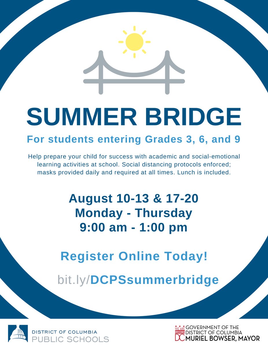 dcpublicschools's tweet photo. We have extended the registration deadline for Summer Bridge to Thursday, July 9. Give your student entering 3rd, 6th, or 9th grade a strong start this school year at https://t.co/OINgsDb8i3. https://t.co/PvJxHHaJ7y