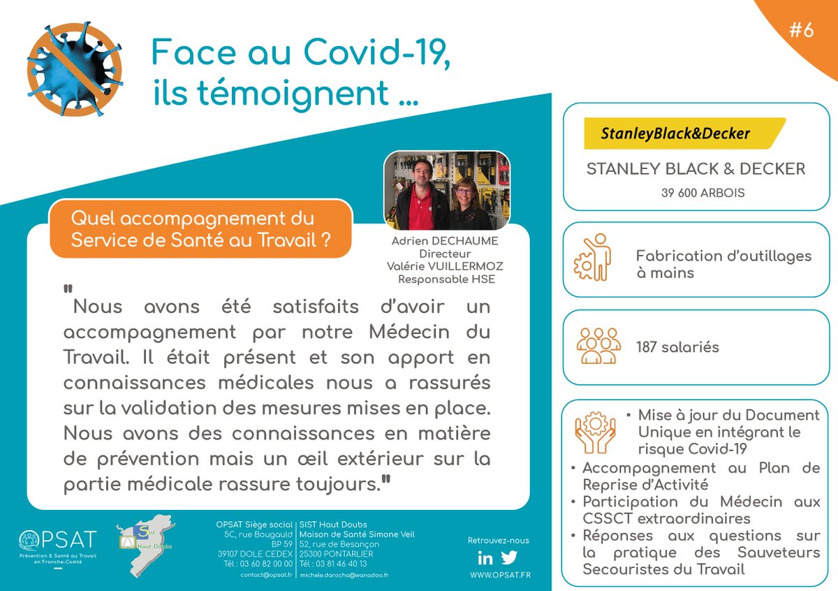 #Face_au_COVID19_ils_témoignent
#6 🛠️Stanley Black & Decker ne bricole pas avec la prévention
🔝Le regard extérieur comme outil d'aide à la décision
✅Un accompagnement sur-mesure du #MédecinDuTravail
🙏 à l'entreprise pour son implication
A très vite pour notre 7ème témoin !