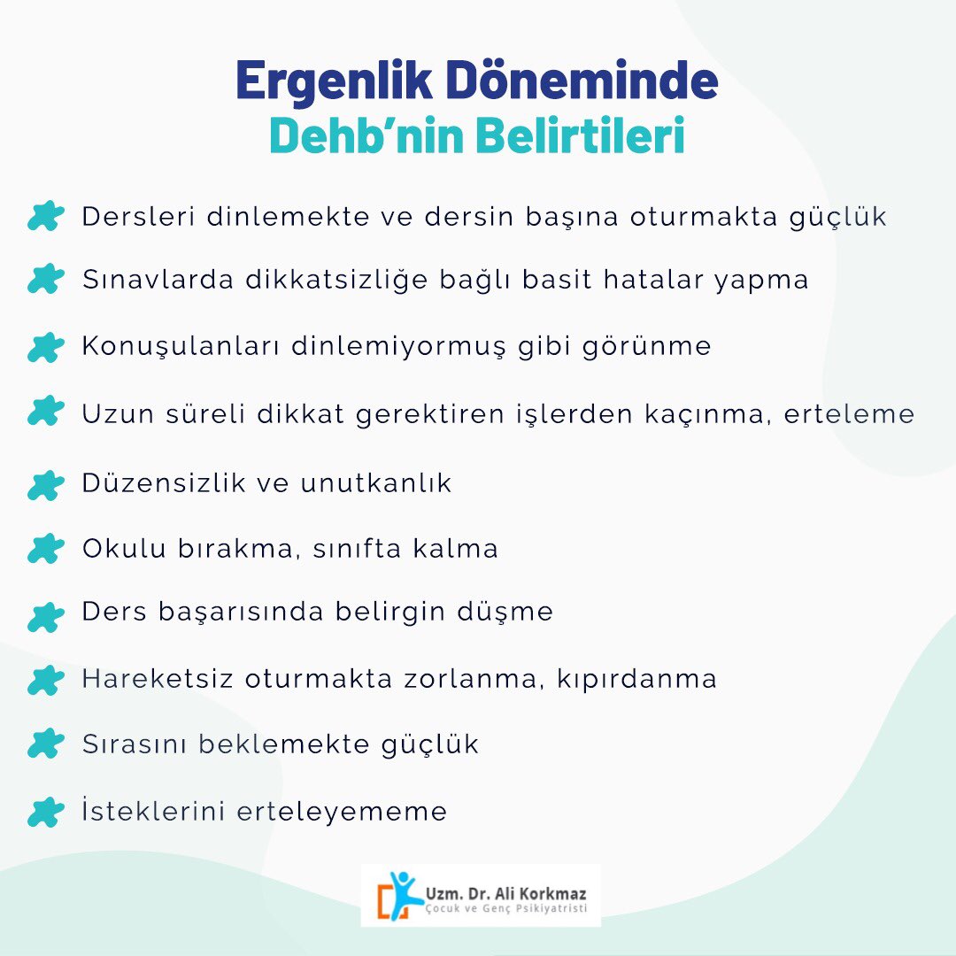Psikiyatri's tweet photo. Ergenlik dönemindeki gençlerde dikkat eksikliği hiperaktivite bozukluğu (DEHB) olabileceğini düşündüren belirtiler👇#dikkateksikliği #hiperaktivite https://t.co/XCXieiwuS3