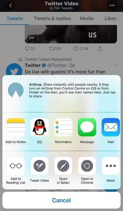 STEP 2. tweet video– reach the twitter video you want to share and long press the video image. when a window comes into your sight, select "tweet video" option in the bottom of the pop-up window.