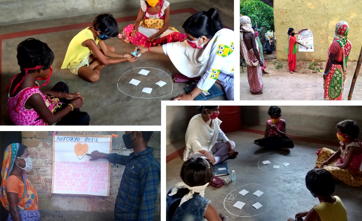 iimpactindia's tweet photo. Teachers putting up information posters to spread #COVIDー19 awareness in the community, and teaching children social distancing using activities. 
 
#IIMPACTagainstcorona #coronawarriors #girlchild #education #NGO #stayhomestaysafe #support #development https://t.co/50mlCOdGyh