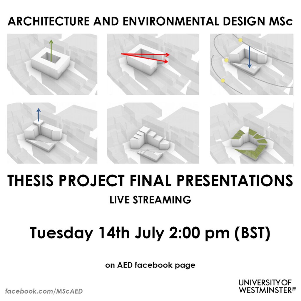 Join us on Facebook for the live stream of the MScAED thesis final presentations 19/20 on Tuesday 14th at 2pm BST. <a href="/jongoodbun/">jongoodbun</a> <a href="/SchianoPhan/">Rosa Schiano-Phan</a> #mscaed #climateaction #environmentaldesign