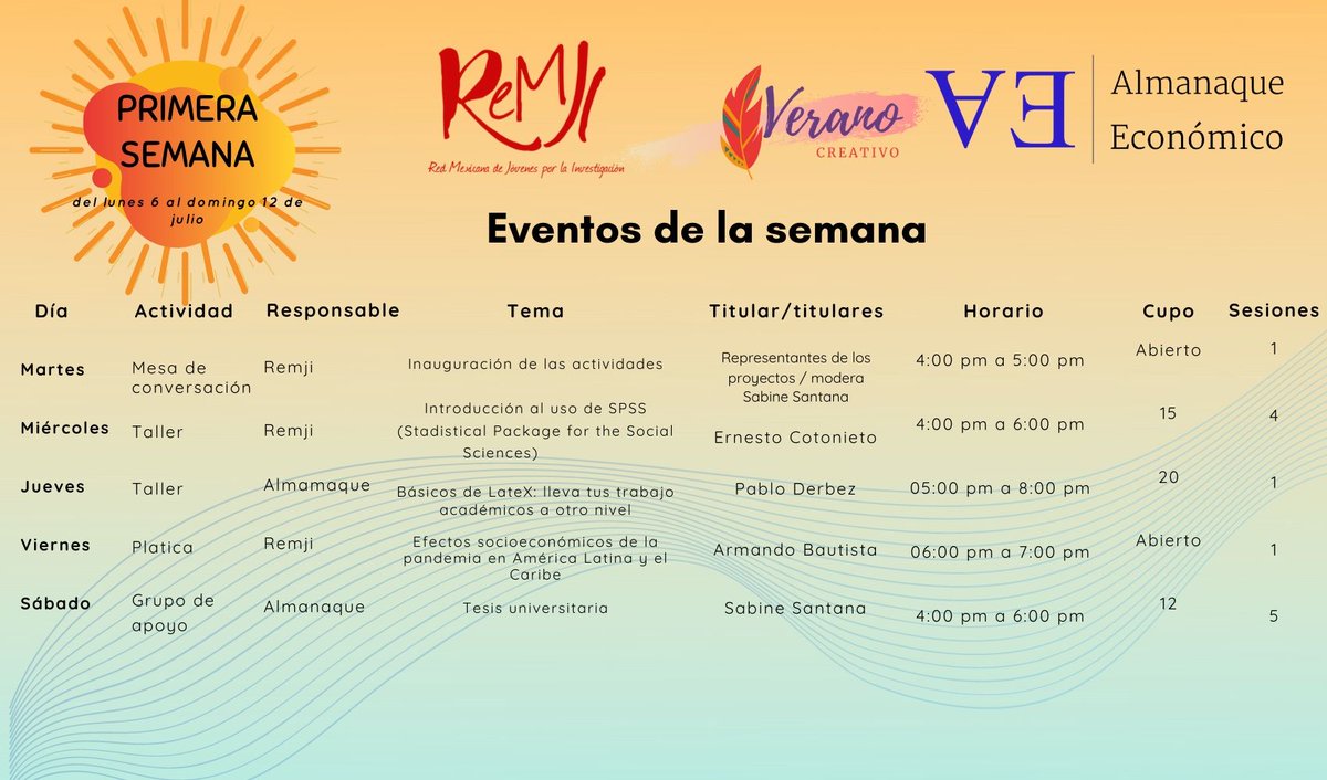 ReMJI_mx's tweet photo. ¡Les presentamos la primera semana del #VeranoCreativo☀️✒️! 
En coordinación con @almanaque_eco desarrollamos diversas pláticas, talleres y grupos de apoyo. Consulten los programas e inscribanse en https://t.co/6bB162GWrr https://t.co/MWHQU9mGFU