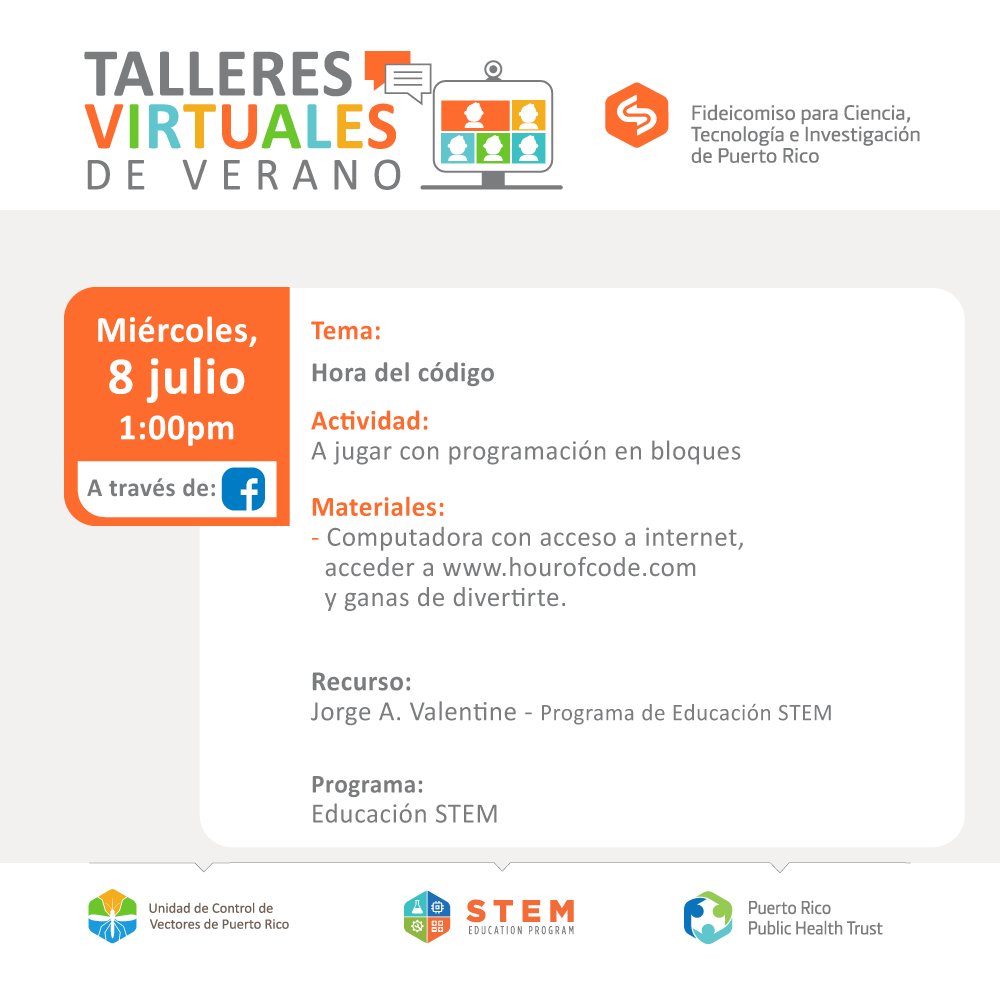 PRVectorControl's tweet photo. ¡𝗦𝗲́𝗽𝘁𝗶𝗺𝗼 #𝟳 𝗧𝗮𝗹𝗹𝗲𝗿 𝗩𝗶𝗿𝘁𝘂𝗮𝗹 𝗱𝗲 𝗩𝗲𝗿𝗮𝗻𝗼! Si estás entre las edades de 5-16 años, ¡Participa! Entra en el siguiente enlace para más información https://t.co/D68wsvcuNT ¡Te esperamos! 

#TalleresVirtualesdeVerano #PRVCU #PRPHT #STEM https://t.co/oYD2pqNh9I