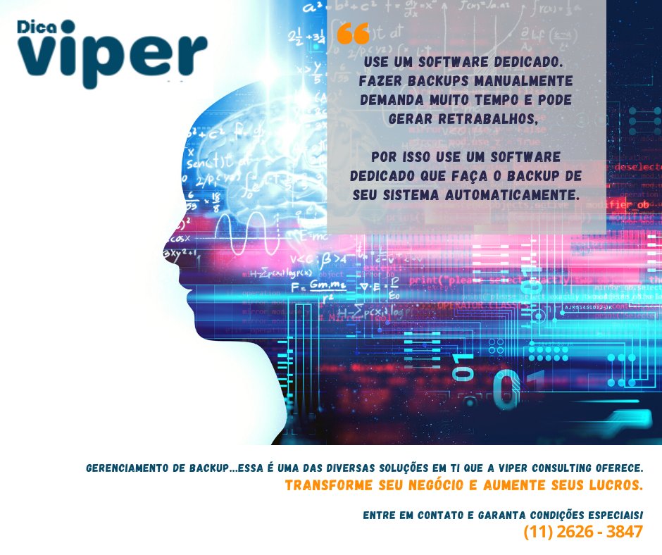 ViperConsulting's tweet photo. Independente do seu negócio, faça BACKUP regularmente, no mínimo a cada 15 dias, e proteja todos os seus dados.
Temos o melhor plano e a melhor condição em backup. 
#ViperGroup #ViperConsulting #ViperConsultingBackup  #Tecnologia #TI #backup  #serviçosdeTI #solucoesemTI https://t.co/snJvwM9vOt