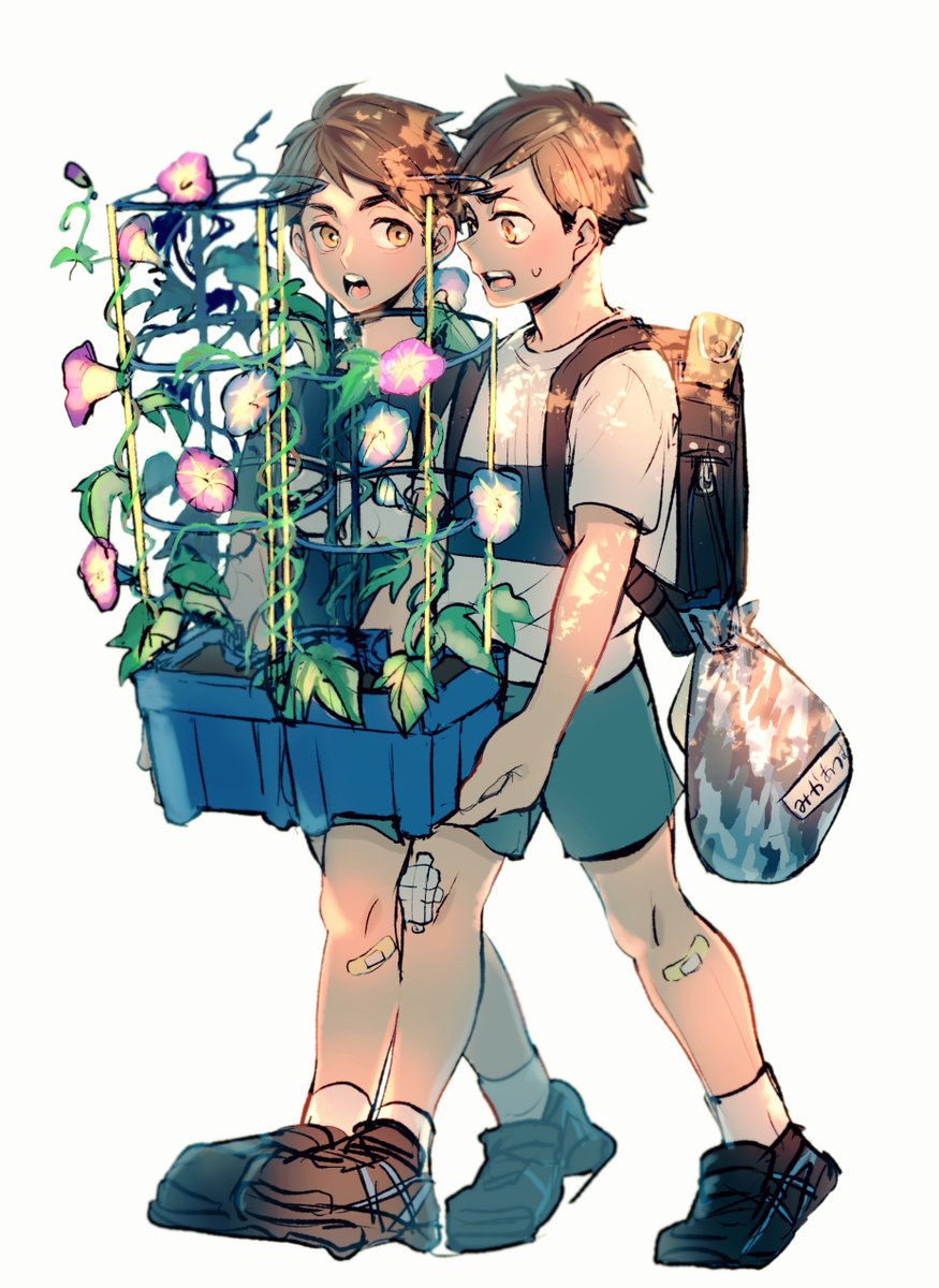 morning glory 2boys bag multiple boys male focus flower backpack  illustration images