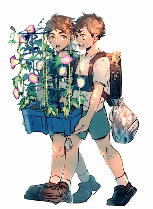 小学生の宮兄弟と朝顔 