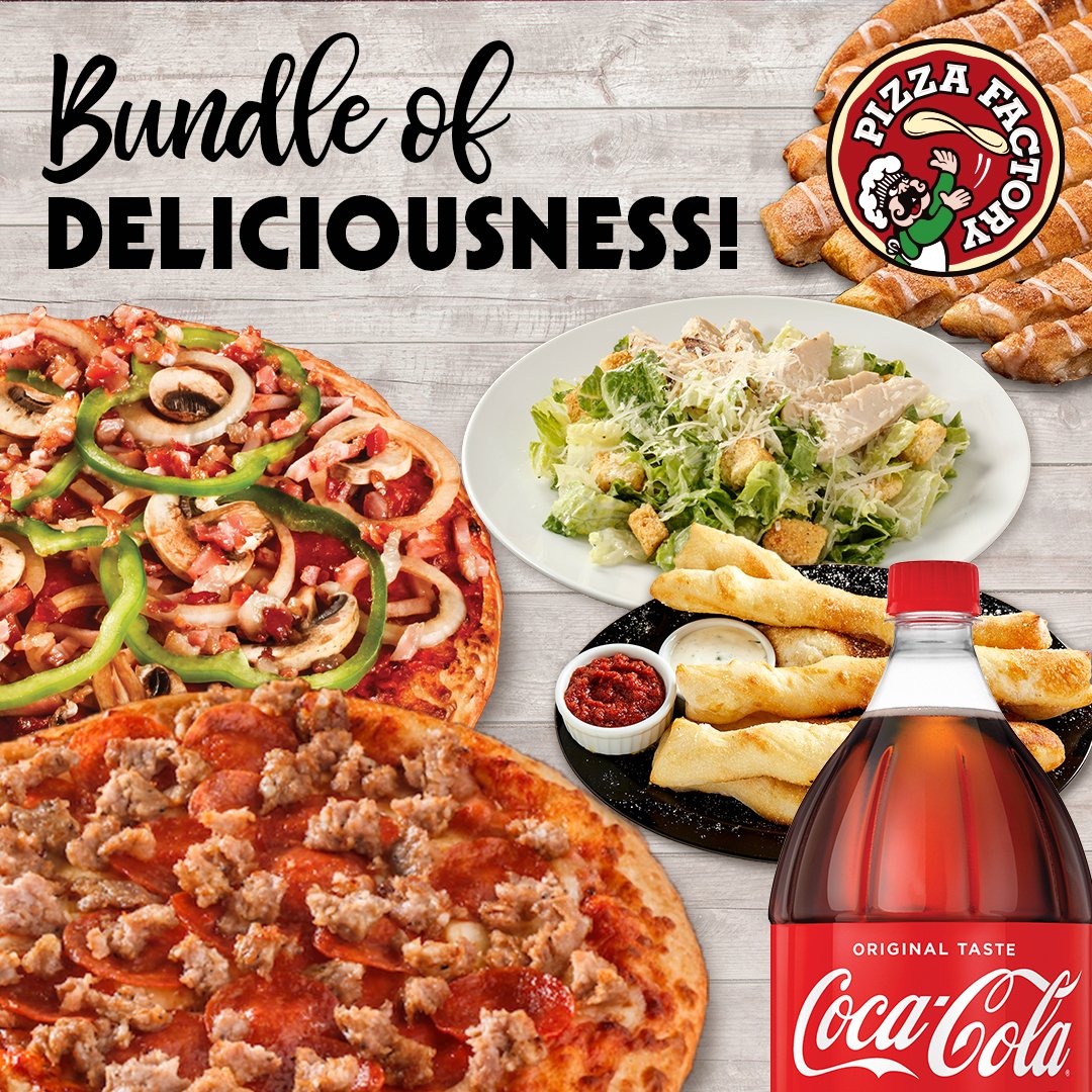PizzaFactoryInc's tweet photo. Did someone say Pizza Bundle? Order your favorite pizzas, salad, breadstix, cinnastix and a 2-liter for a meal full of deliciousness. #pizzabundle #supportlocal #delivery #curbsidepickup #pizzafactory https://t.co/nRKjyK2kD5