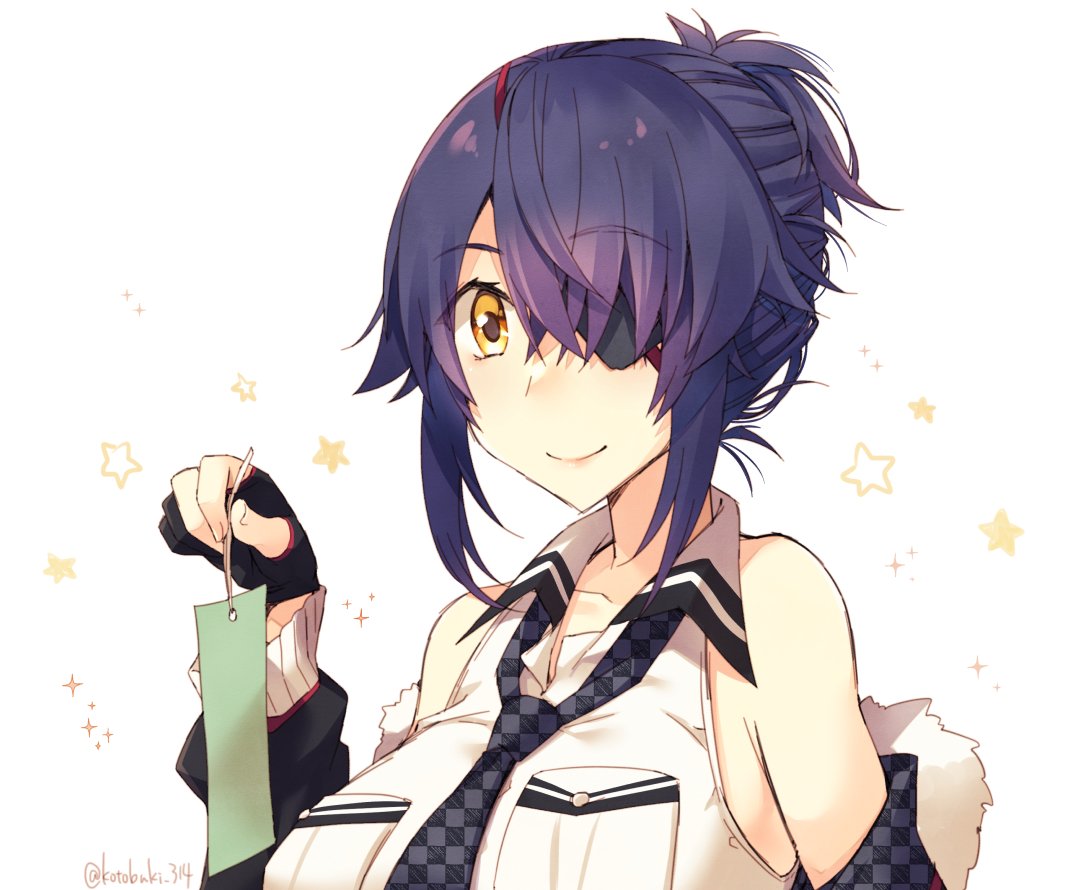 tenryuu (kancolle) 1girl eyepatch solo twitter username checkered necktie purple hair smile  illustration images