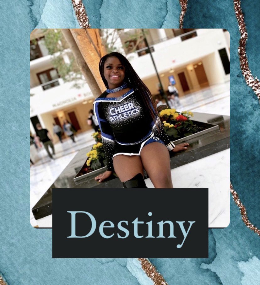 CA_DynastyCats's tweet photo. Meet the 2020-21 DynastyCAts! Meet Destiny, she has been cheering for 10 years! She likes to sing, dance, and make tik toks! Her favorite thing about cheer is stunting, tumbling, and jumping! Her favorite food is noodles and fish sticks! #buildingaDynasty #lucky7th #j4medium https://t.co/H90fsoImSO