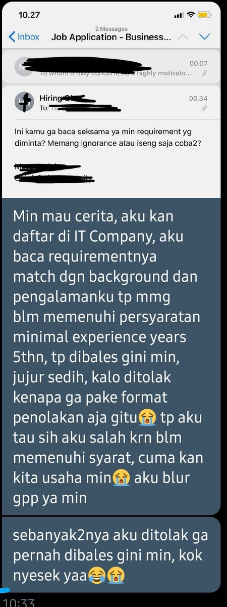 hrdbacot's tweet image. Ada yang pernah dapet feedback se"galak" ini ketika apply di suatu perusahaan? 

tapi gak setega ini juga ke kandidat :(

Ada yang pernah dapet penolakan yang lebih galak dan tega selain ini?