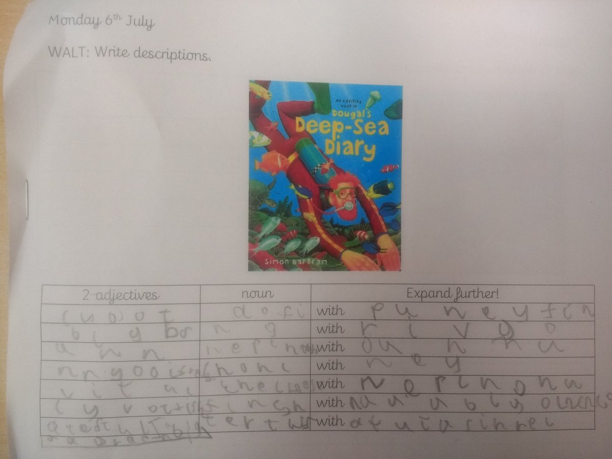 This week @PeacockClass2  and <a href="/Y2woodpecker/">Woodpecker Class</a>  keyworker children have started some work focusing on Dougal's Deep Sea Diary. Yesterday they wrote some fantastic descriptive sentences about the things Dougal saw on his diving holiday.