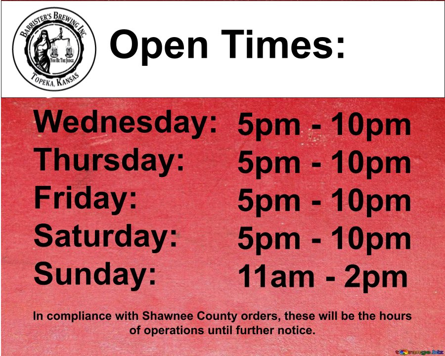 BarristersBrew's tweet photo. New hours per Shawnee County orders until further notice. https://t.co/6MNyFOJ4oF