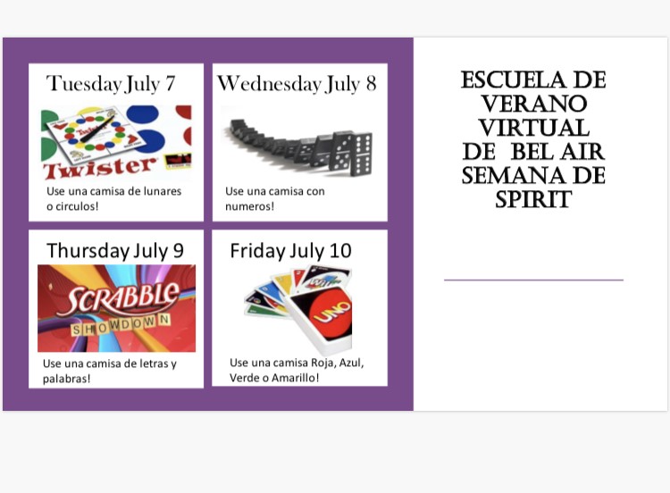 BelVirtual's tweet photo. Our theme at BEL AIR VIrtual Summer School this year is... GAMES WE PLAY!  To Celebrate the games we play, we are having a virtual spirit week starting July 7th, 2020.  @BelVirtual https://t.co/8CwBVs4XvM