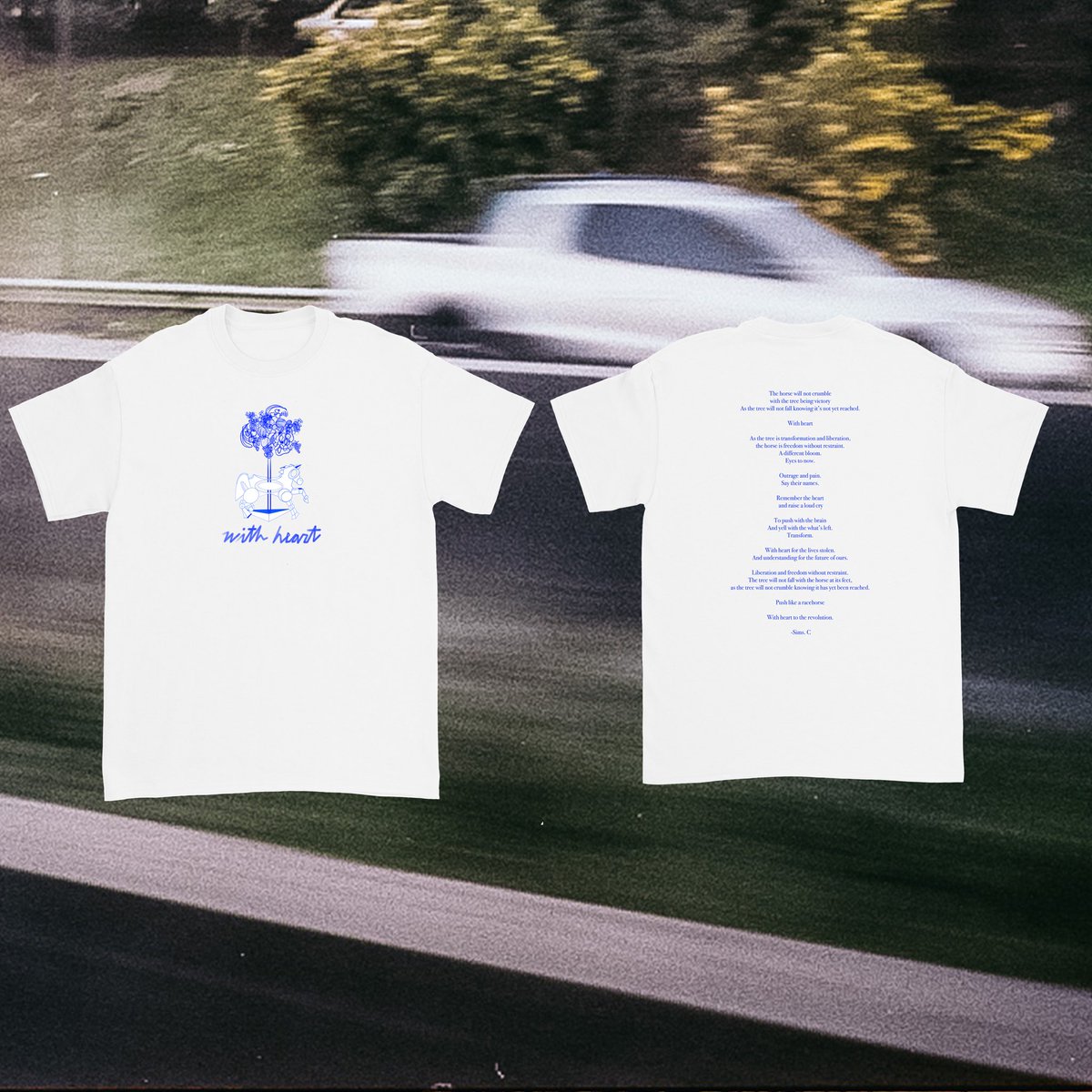 clairo's tweet photo. Introducing 'The Racehorse Benefit Tee'
An original design and poem by Sims Crosby. The proceeds from this shirt will be split into 3 donations towards the Atlanta Solidarity Fund, the Marsha P. Johnson Institute &amp; RAINN. 
The shirt will be live on website tomorrow at 10am EST 🎠 https://t.co/r8kDa3FirN