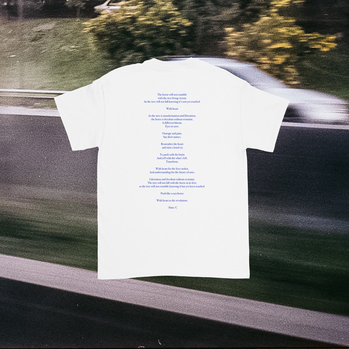 clairo's tweet photo. Introducing 'The Racehorse Benefit Tee'
An original design and poem by Sims Crosby. The proceeds from this shirt will be split into 3 donations towards the Atlanta Solidarity Fund, the Marsha P. Johnson Institute &amp; RAINN. 
The shirt will be live on website tomorrow at 10am EST 🎠 https://t.co/r8kDa3FirN