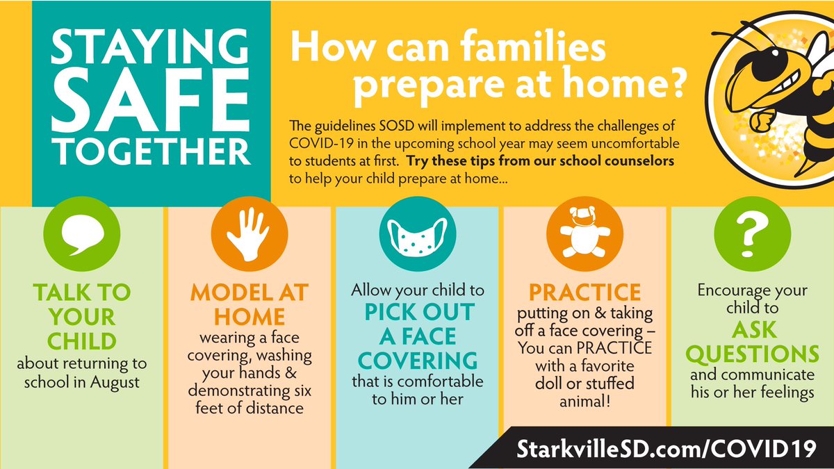 The guidelines SOSD will implement to address Covid19 in the upcoming school year may seem uncomfortable to students at first. Try these tips from our school counselors to help your child prepare at home! We’re #JacketFamily and that means #StayingSafeTogether