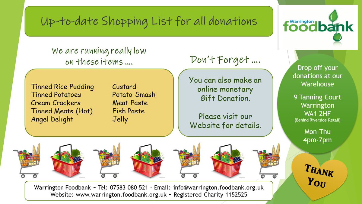 Here's our latest shopping list.  If you can donate just 1 item off this list, we would be so grateful.  You can also make a monetary gift donation via - warrington.foodbank.org.uk/give-help/dona…  #foodbank #support #community #warrington #supportlocal #help #foodpoverty #donations #CharityTuesday